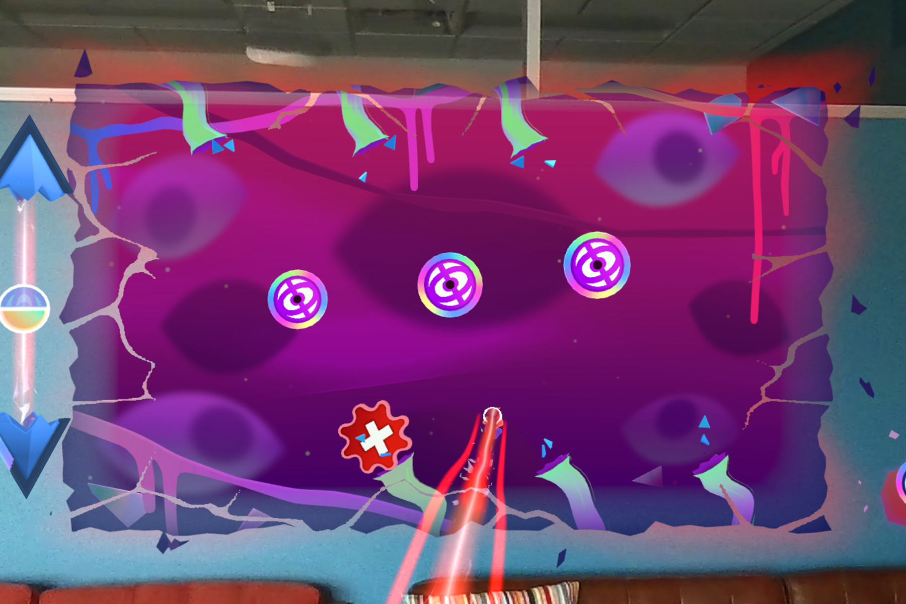 Hyper Visor screenshot: a torn magenta rift panel with eye-shaped targets on a real wall, with the player's red energy beam firing from below