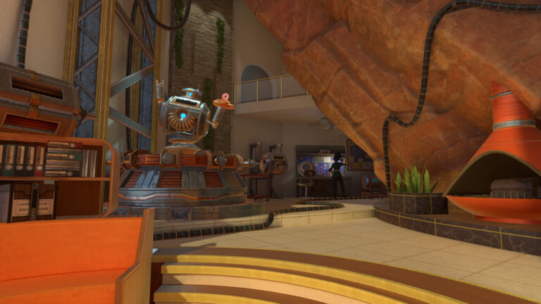 I Expect You To Die 3: Cog in the Machine screenshot showing a robot butler in a desert lair, from the game Steam page (Schell Games)