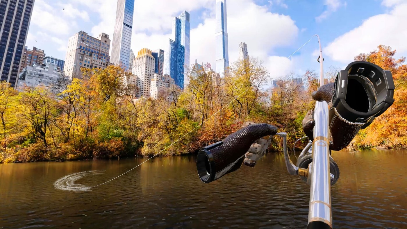 First-person Real VR Fishing screenshot with gloved hands holding a spinning rod over autumn water and a city skyline