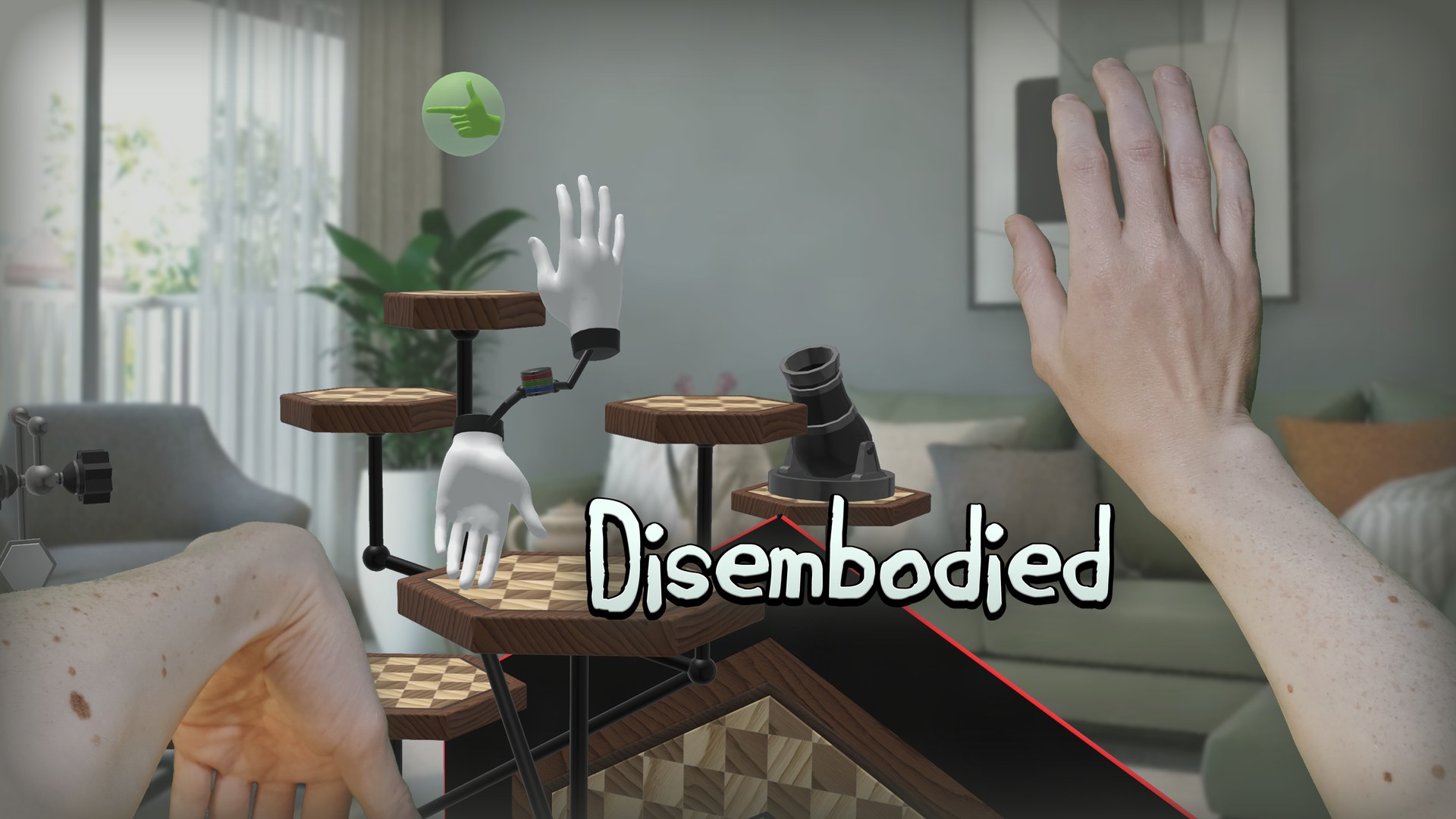 Disembodied gameplay landscape with physics-driven hands