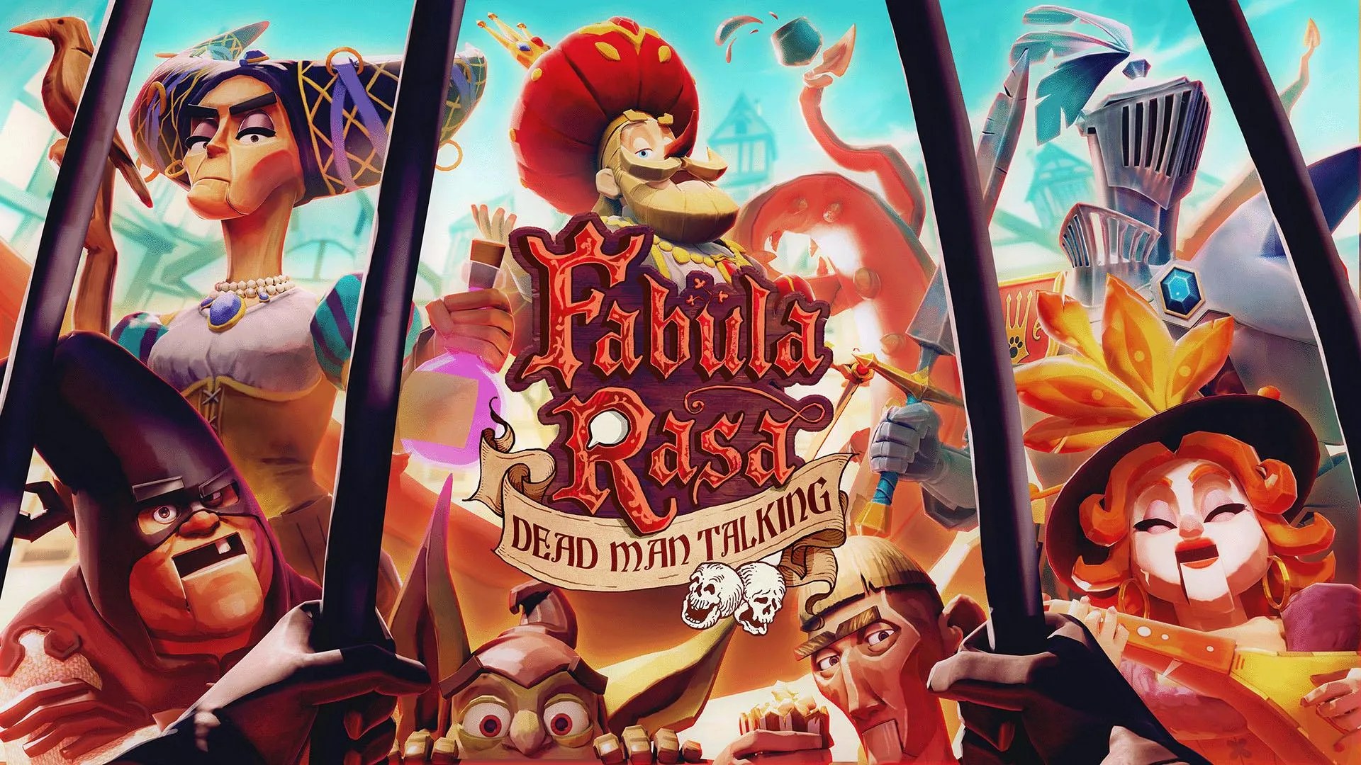 Fabula Rasa key art by ARVORE showing the medieval town cast