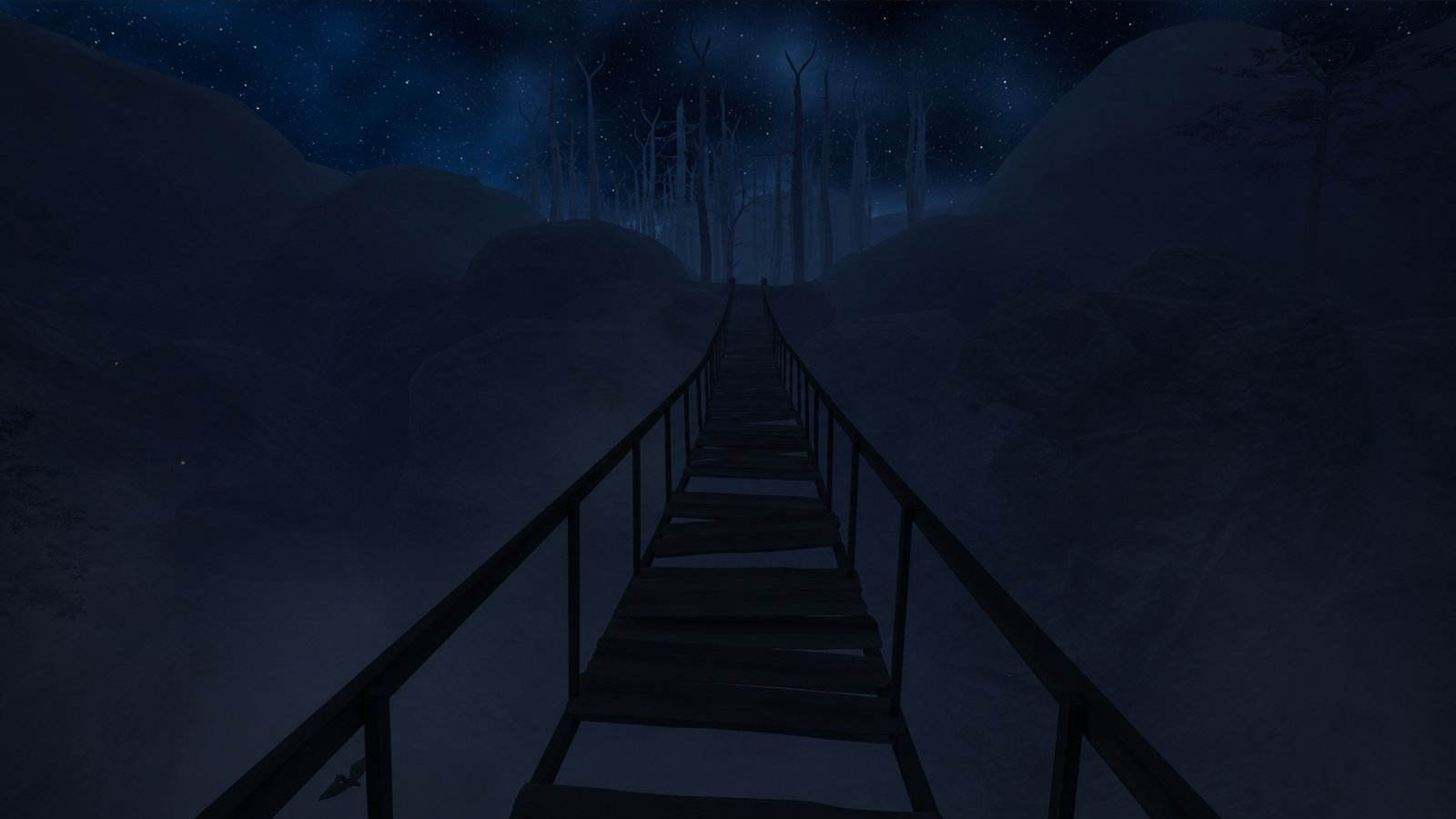 A narrow wooden bridge in a misty night forest from Liminal Fear Arena experience Wander