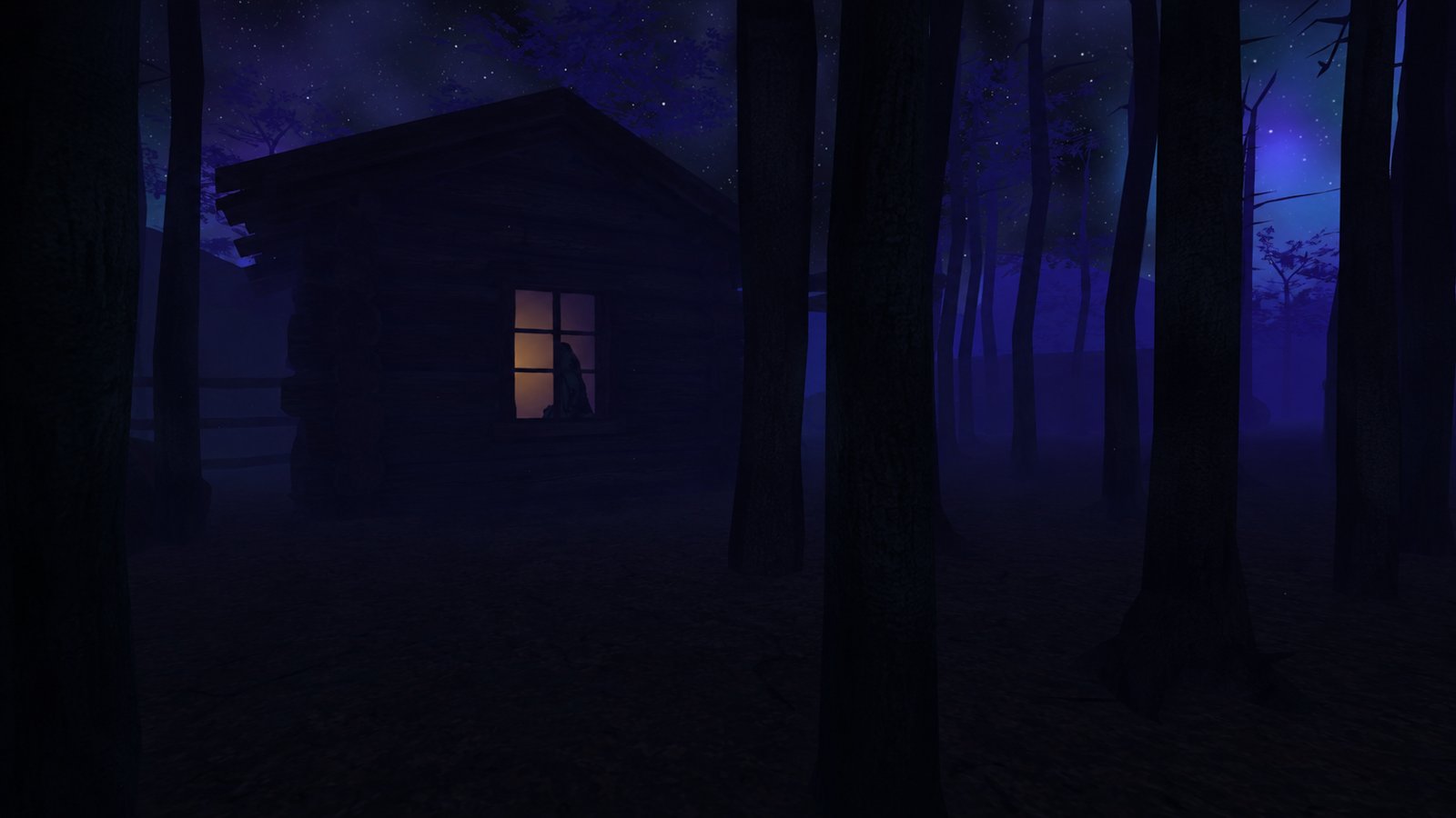 An abandoned building in a dark forest clearing from Wander in the Liminal Fear Arena