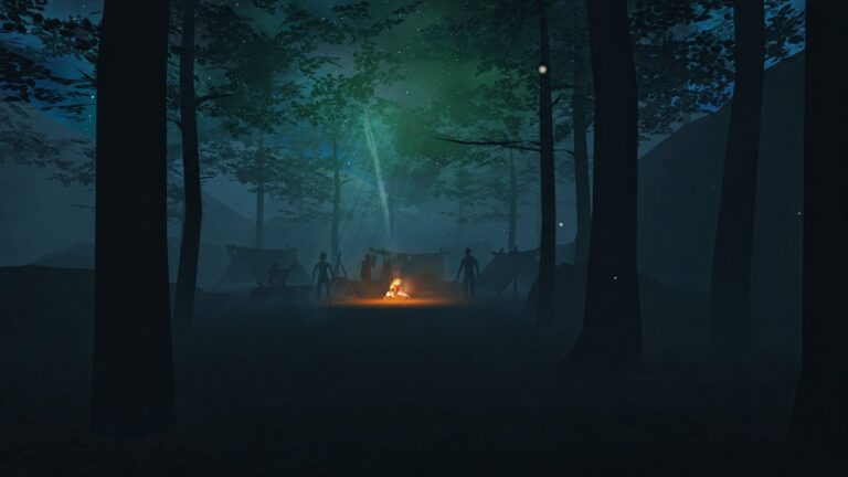 A dimly lit campsite in a dark forest from Wander, the first experience in the Liminal Fear Arena on Meta Quest