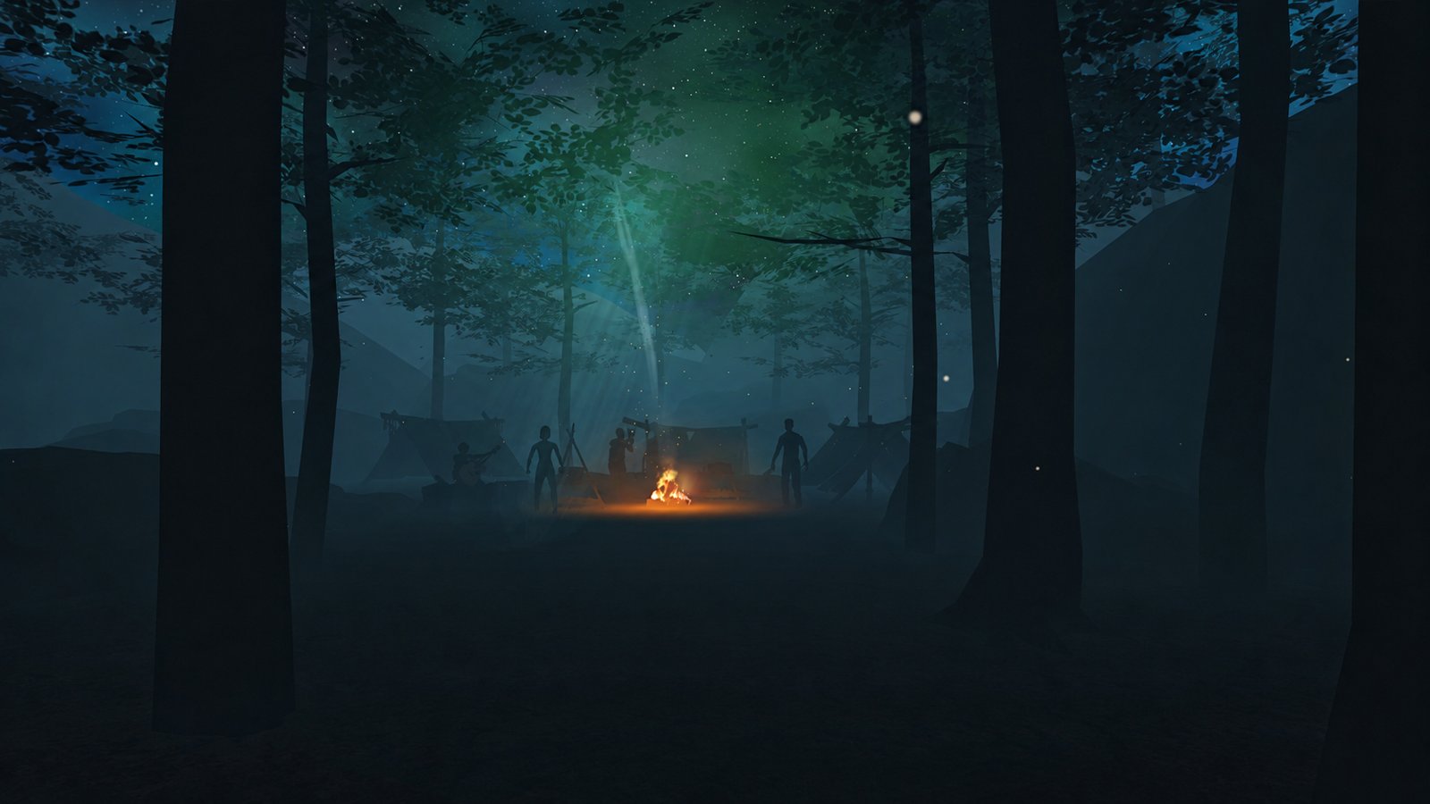 A dimly lit campsite in a dark forest from Wander, the first experience in the Liminal Fear Arena on Meta Quest