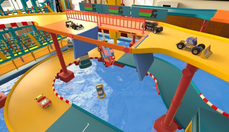 Loony Laps press screenshot showing die-cast toy cars racing on a tabletop track