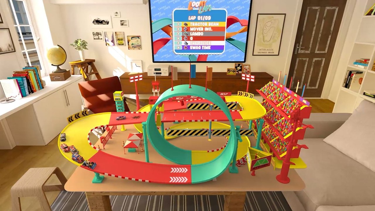 Loony Laps press screenshot of a miniature racing track with a loop set up on a living-room table