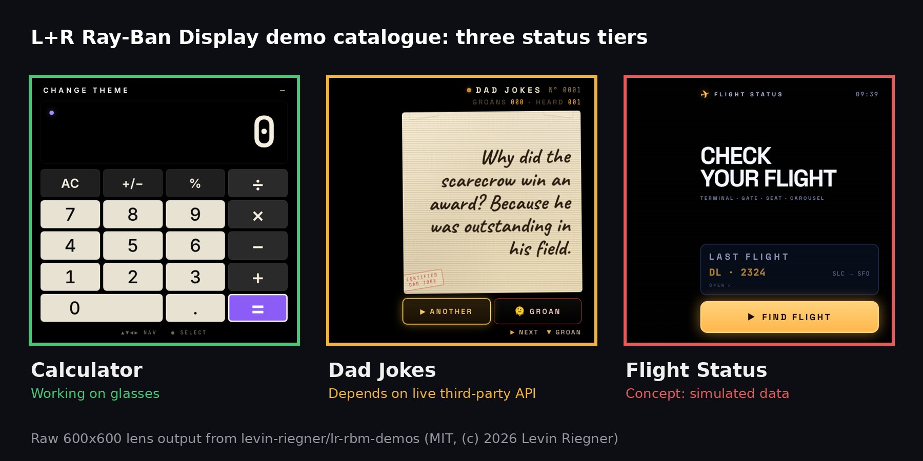 Three L+R Ray-Ban Display demo lens previews: Calculator, Dad Jokes and Flight Status