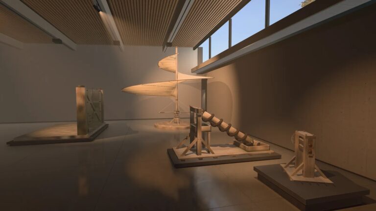 Museum of Ages mechanism hall, a still rendered in code, with Leonardo da Vinci machine reconstructions including the aerial screw