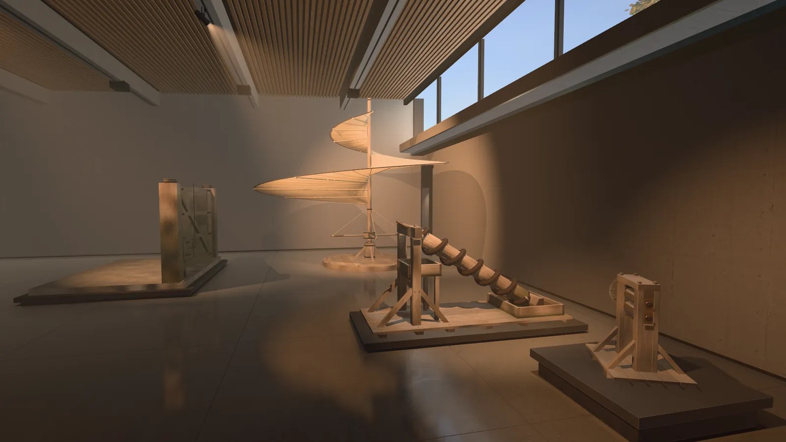 Museum of Ages mechanism hall, a still rendered in code, with Leonardo da Vinci machine reconstructions including the aerial screw