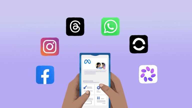 Meta illustration of a phone showing a Meta Account screen surrounded by Facebook, Instagram, Threads, WhatsApp and Meta AI app icons