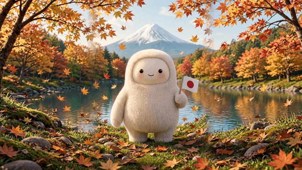 Meta promotional image for the Muse launch in Japan showing a white furry Muse character holding a Japanese flag in front of Mount Fuji in autumn