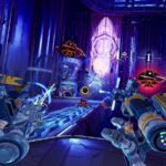 Mothergunship: Forge VR gameplay screenshot showing two forged guns firing at enemy drones