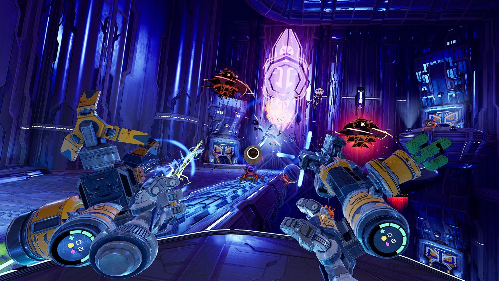 Mothergunship: Forge VR gameplay screenshot showing two forged guns firing at enemy drones