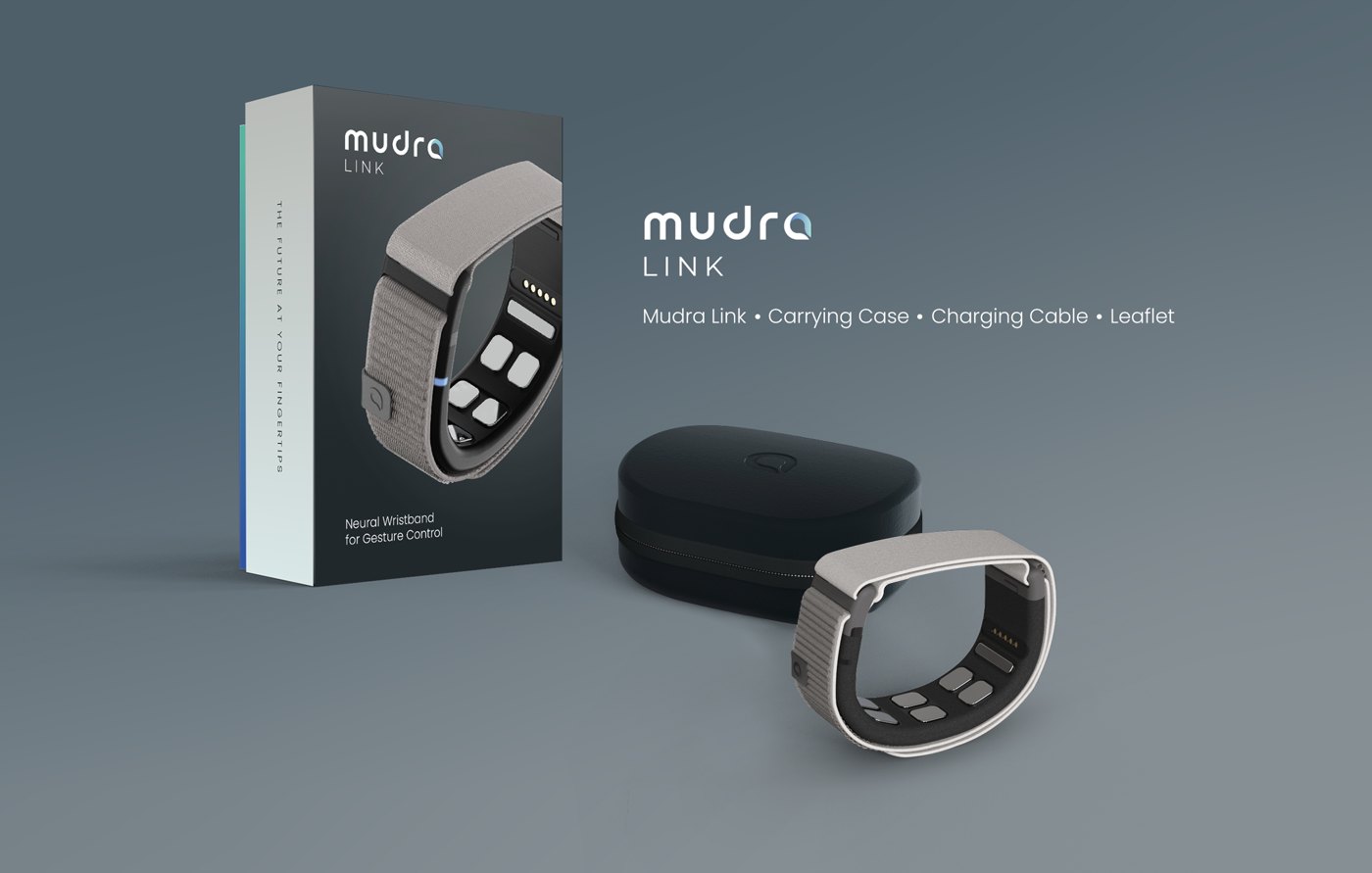 Mudra Link retail box, charging cable and carry case. Image: Wearable Devices