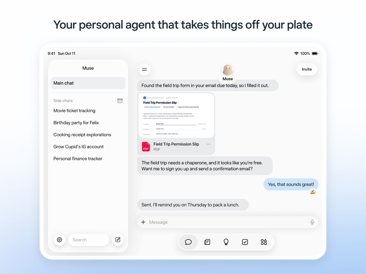 Muse from Meta iPad App Store screenshot showing the agent filling out a field trip permission slip
