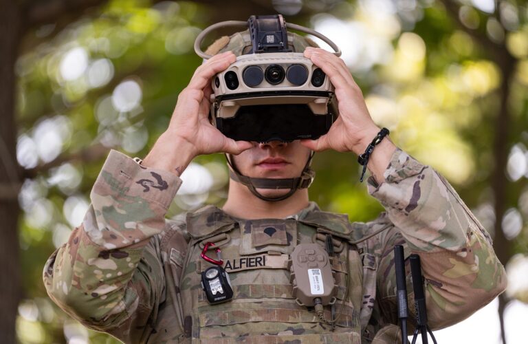 A U.S. Army soldier wears an IVAS 1.2 prototype headset during a user assessment (U.S. Army photo, public domain)