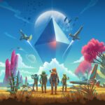 No Man's Sky key art showing four explorers in exosuits standing on an alien grassland beneath a giant floating pyramid, starships and a ringed planet