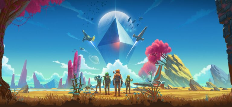 No Man's Sky key art showing four explorers in exosuits standing on an alien grassland beneath a giant floating pyramid, starships and a ringed planet