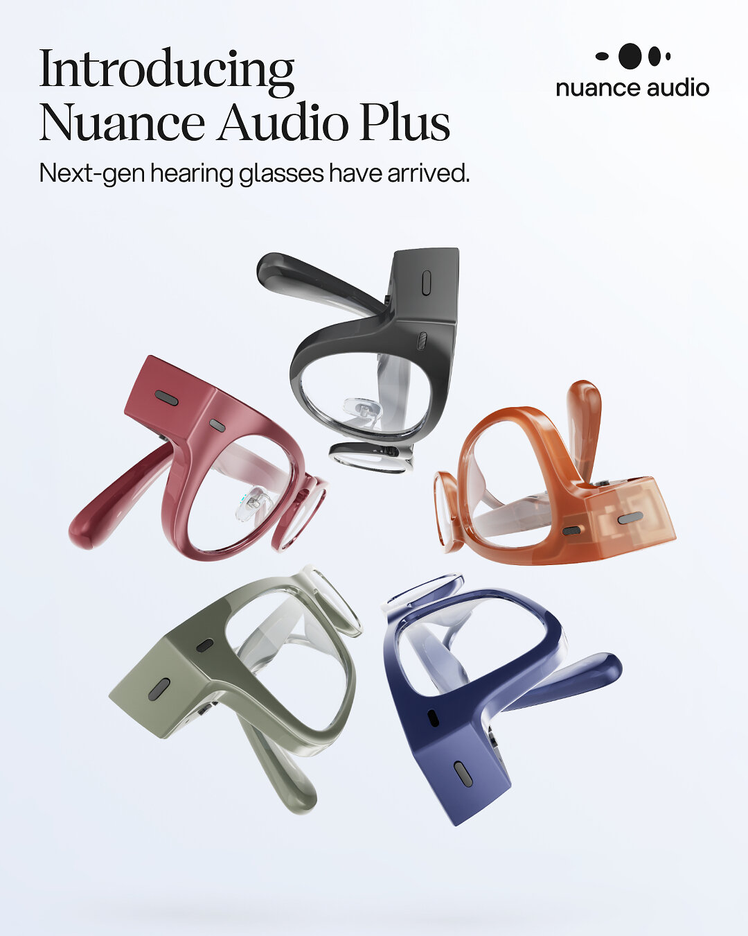 Nuance Audio Plus hearing glasses press image showing five frame colors