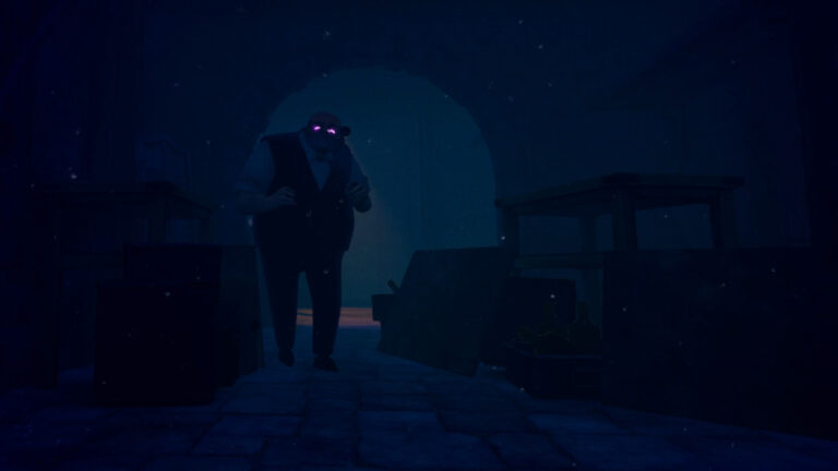 Out of Sight VR Steam screenshot: a hulking captor with glowing eyes advances down a dark stone corridor
