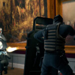 PAYDAY: Aces High screenshot of masked heisters trading fire with armored security guards inside an art museum gallery