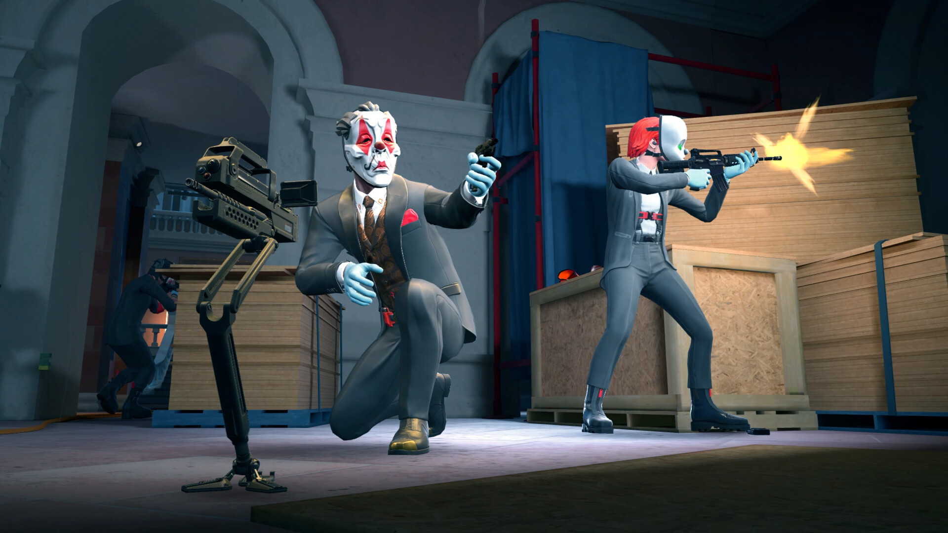 PAYDAY: Aces High screenshot of a masked heister crouching beside a deployed sentry gun in a warehouse while a teammate fires