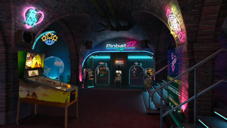 Pinball FX VR arcade hub on Steam Frame, with Curse of the Mummy table in the foreground (Zen Studios)