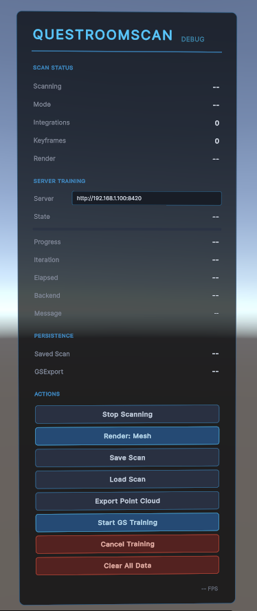 QuestRoomScan VR debug menu showing scan status, a LAN server training field, persistence, and actions such as Start GS Training