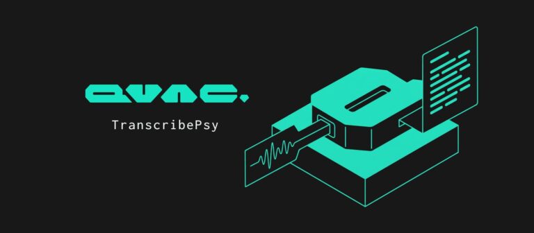 QVAC TranscribePsy press graphic showing a waveform entering a device and text coming out