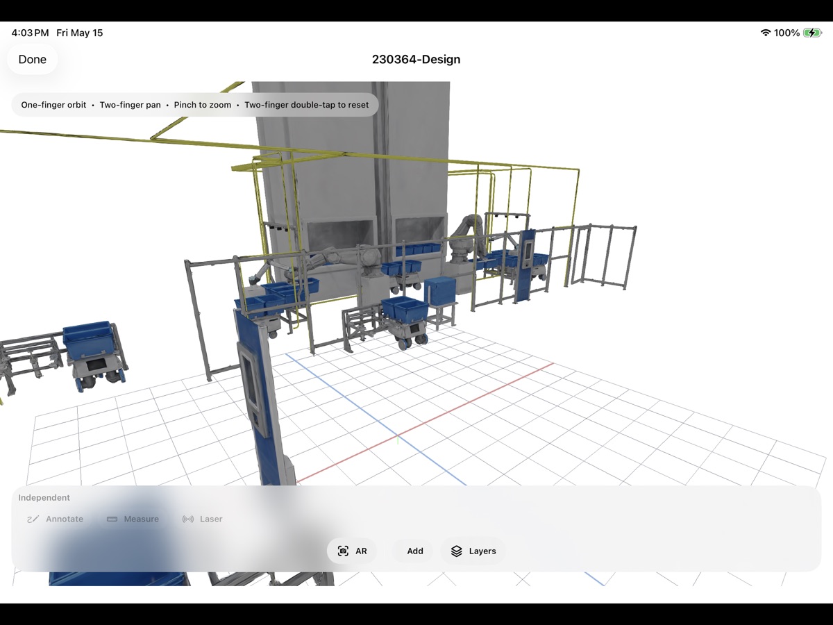 Eclipse RealitySync App Store screenshot showing a 3D automation cell model with AR, Add and Layers controls on iPad