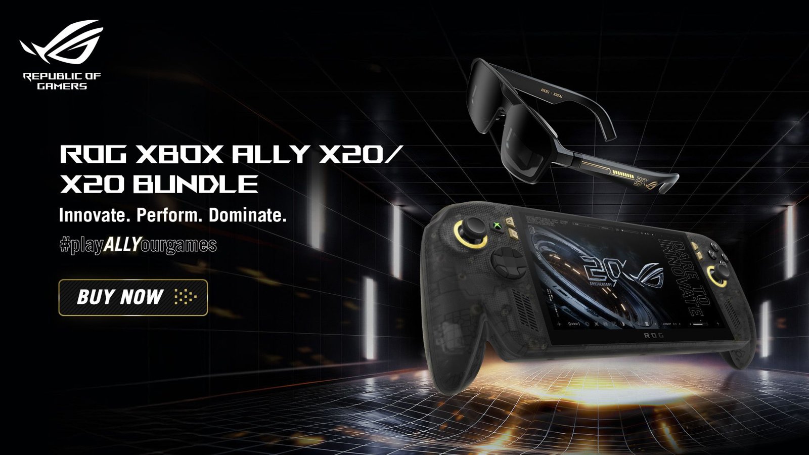 ASUS press banner showing the ROG Xbox Ally X20 handheld with the ROG XREAL R1 Edition 20 AR glasses