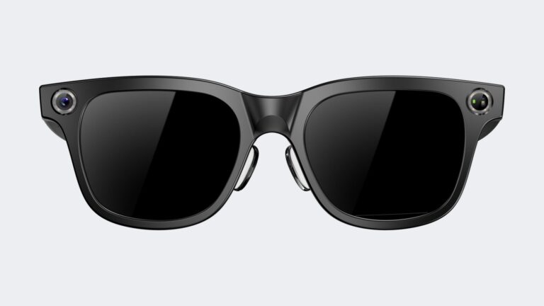 Rogbid VisionMax smart glasses, front view with sunglass lenses and frame-mounted camera