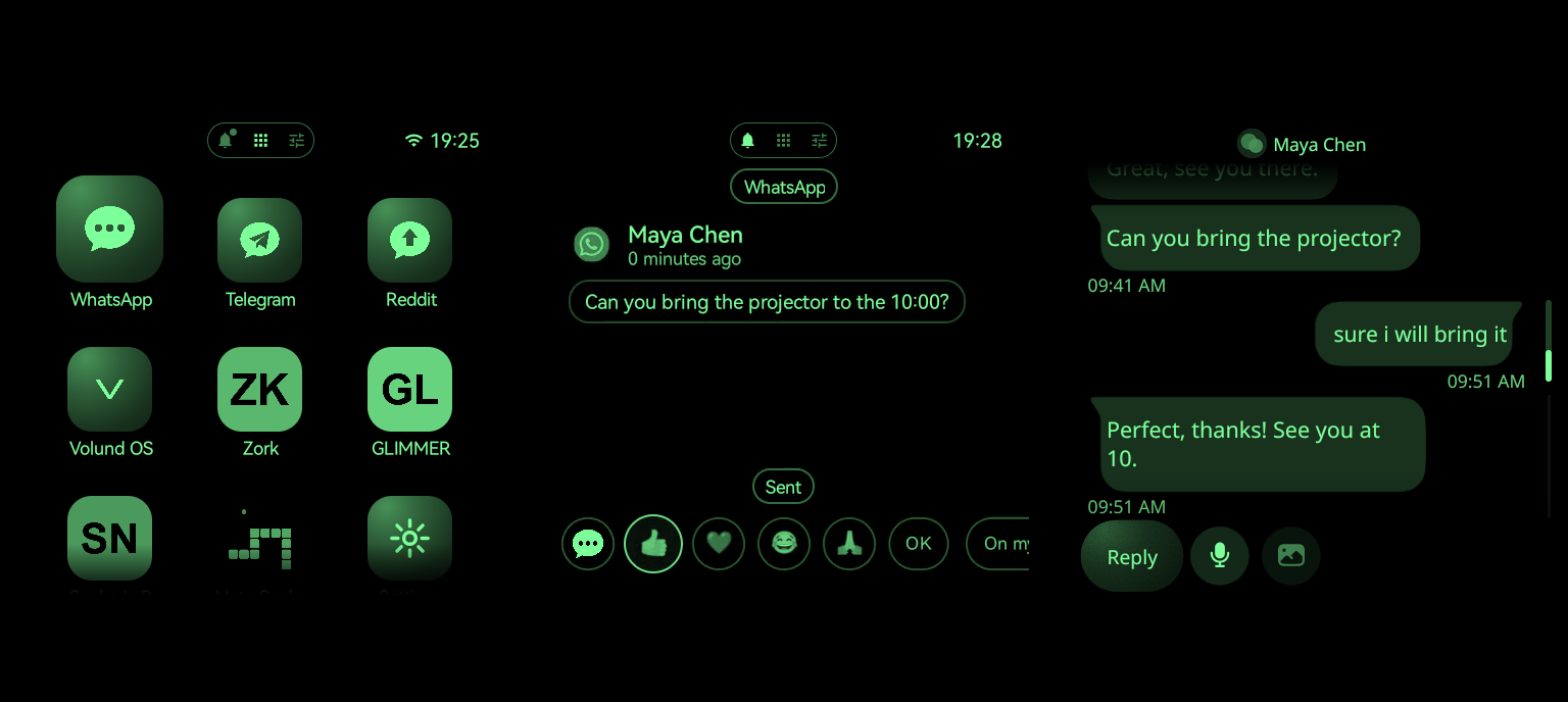 Three Rokid Lumen screens as shown on the Rokid glasses display: the apps grid, a WhatsApp notification, and a conversation view