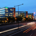 Schneider Electric headquarters in Rueil-Malmaison, France, at dusk
