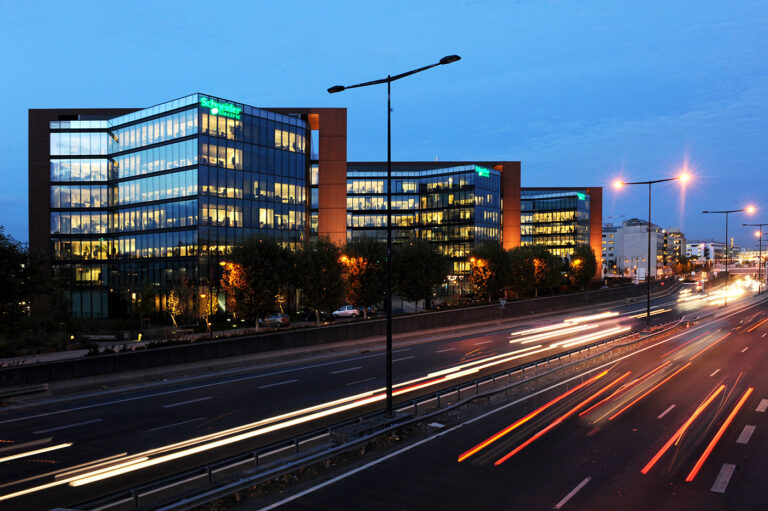 Schneider Electric headquarters in Rueil-Malmaison, France, at dusk