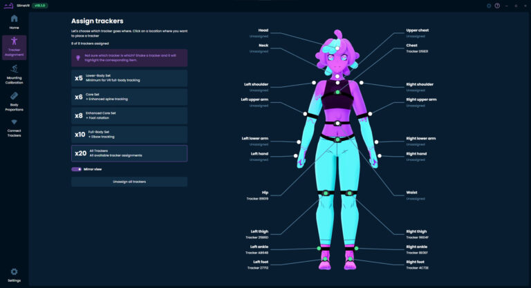 SlimeVR Server tracker assignment screen showing an avatar with body-part slots