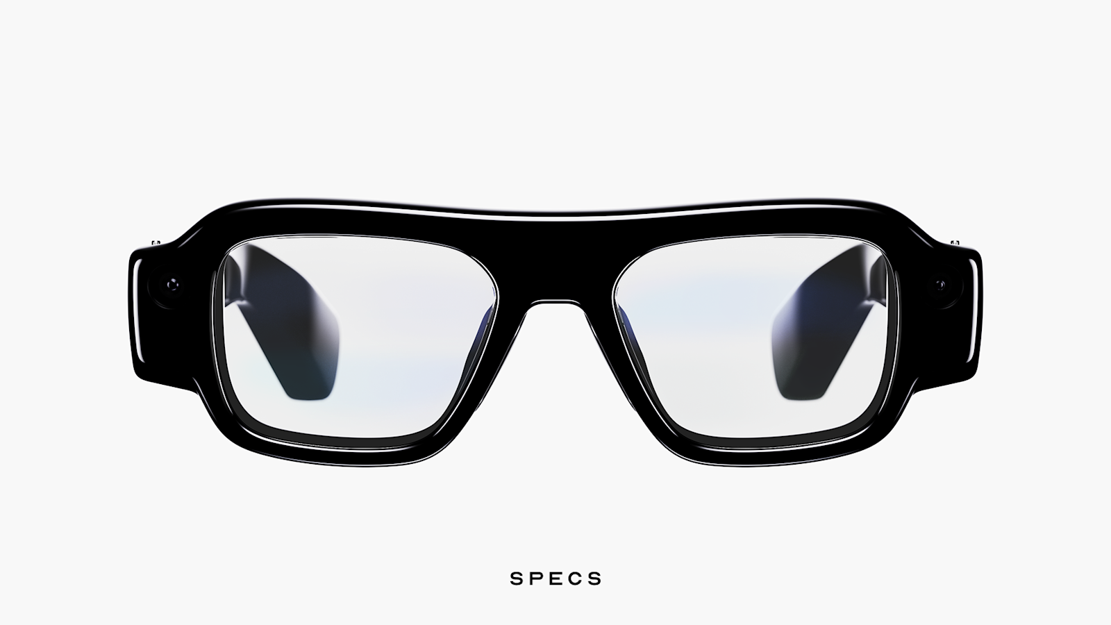 Snap SPECS augmented reality glasses shown from the front in black Swiss TR90 frames with clear see-through lenses