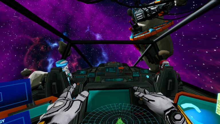 Sol Protocol PC VR screenshot showing gloved hands at a spaceship cockpit console with two crewmates and a purple nebula
