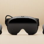 Valve Steam Frame headset with its two controllers, official Valve product image