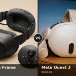 Valve Steam Frame headset and controllers beside a white Meta Quest 3 headset, with launch prices of $1,059 and $599.99