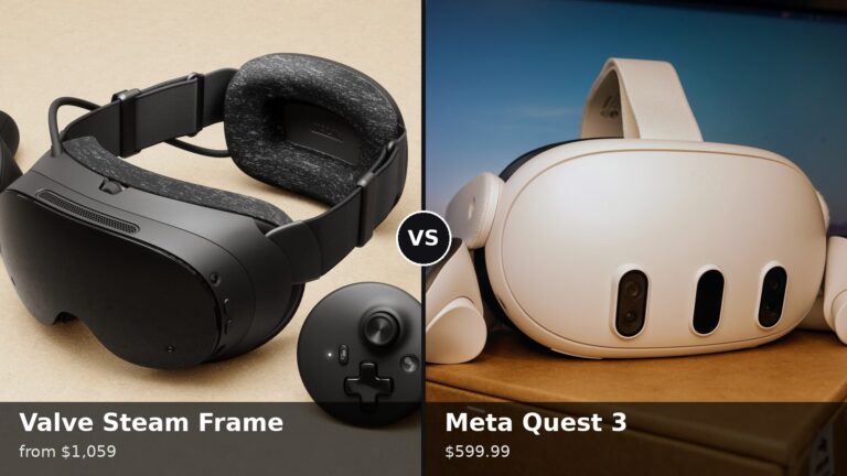 Valve Steam Frame headset and controllers beside a white Meta Quest 3 headset, with launch prices of $1,059 and $599.99