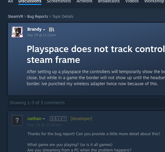 SteamVR bug report thread: Playspace does not track controllers on Steam Frame, with a Valve developer reply asking for steps