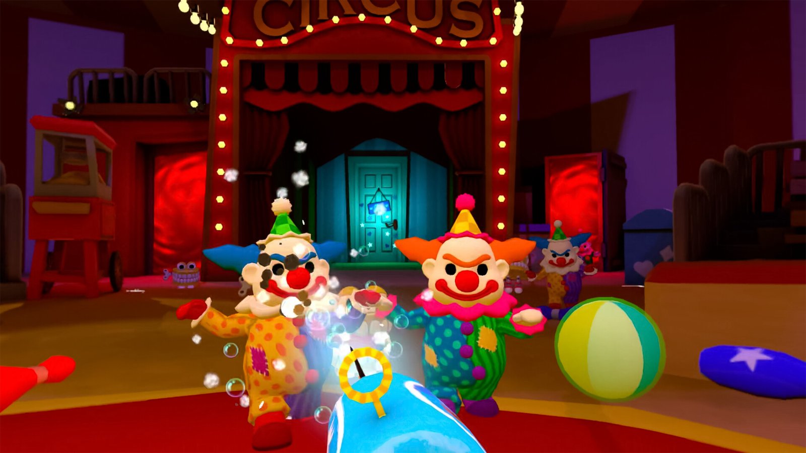 Stuffed: Two Foot Hero screenshot of clown enemies on the Funfair map