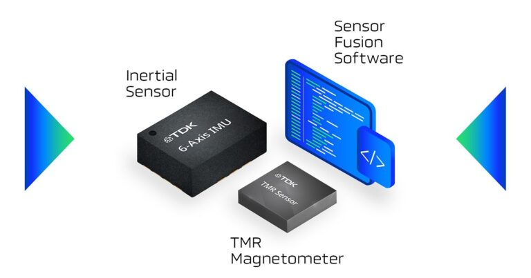 TDK PositionSense press render showing a 6-axis IMU, a TMR magnetometer and sensor fusion software