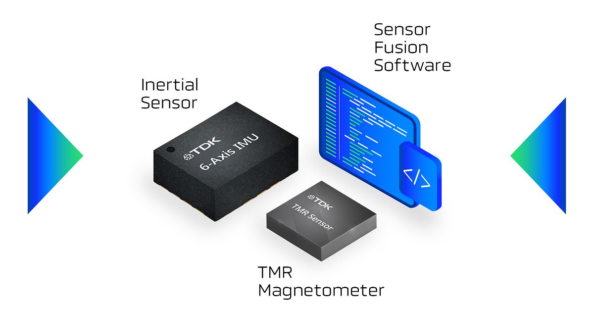 TDK PositionSense press render showing a 6-axis IMU, a TMR magnetometer and sensor fusion software