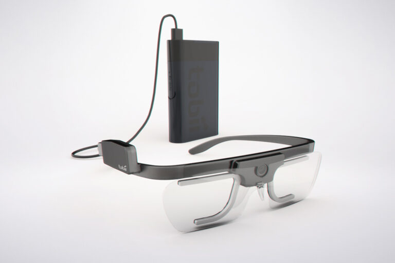 Tobii Glasses 2 wearable eye tracker with its separate recording unit. Photo: Tobii Technology, CC BY 3.0, via Wikimedia Commons.