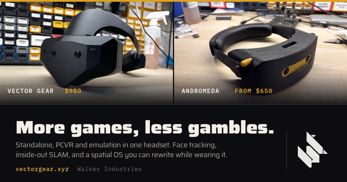 Walker Industries promotional image showing the Vector Gear at $980 and the Andromeda from $650