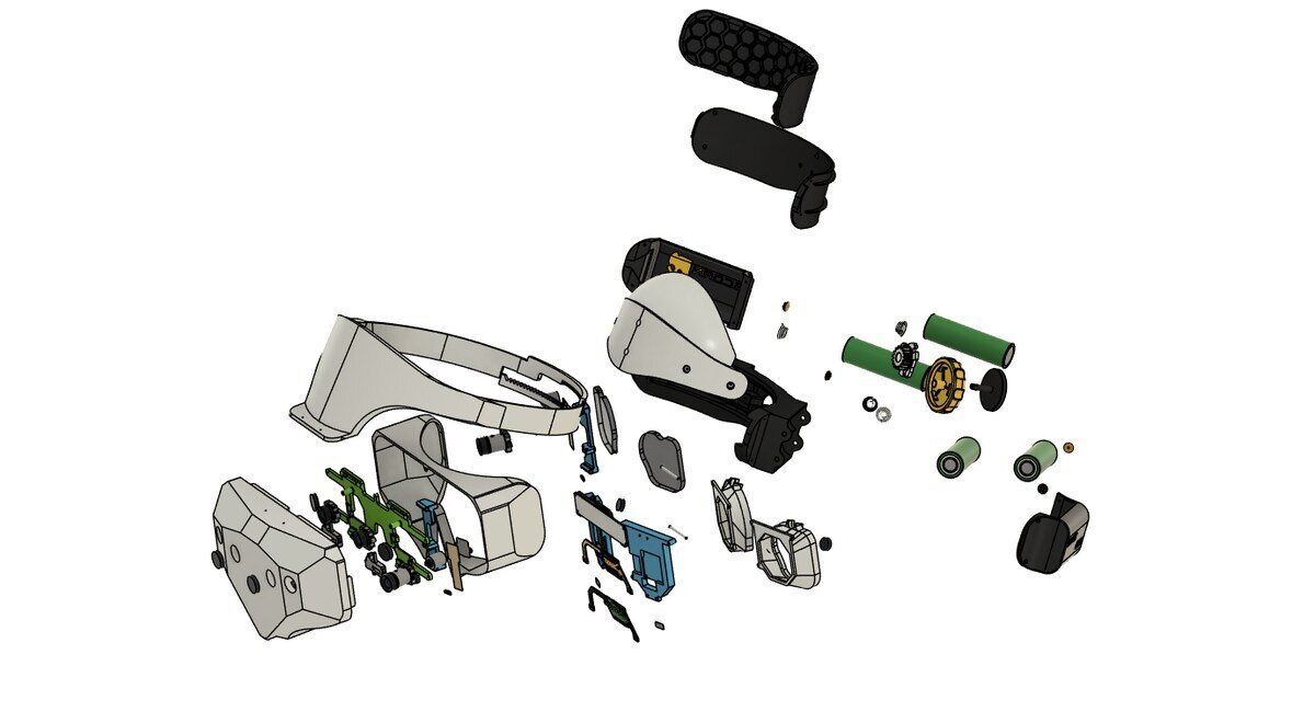 Exploded CAD view of the Walker Industries Vector Gear headset, strap and rear battery module