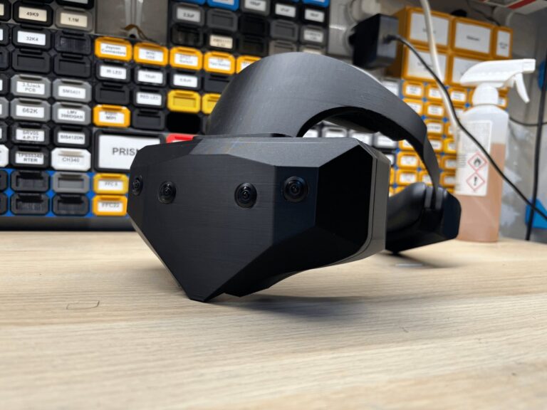 Walker Industries Vector Gear V2 prototype headset with two SLAM cameras and two colour passthrough cameras on its faceplate